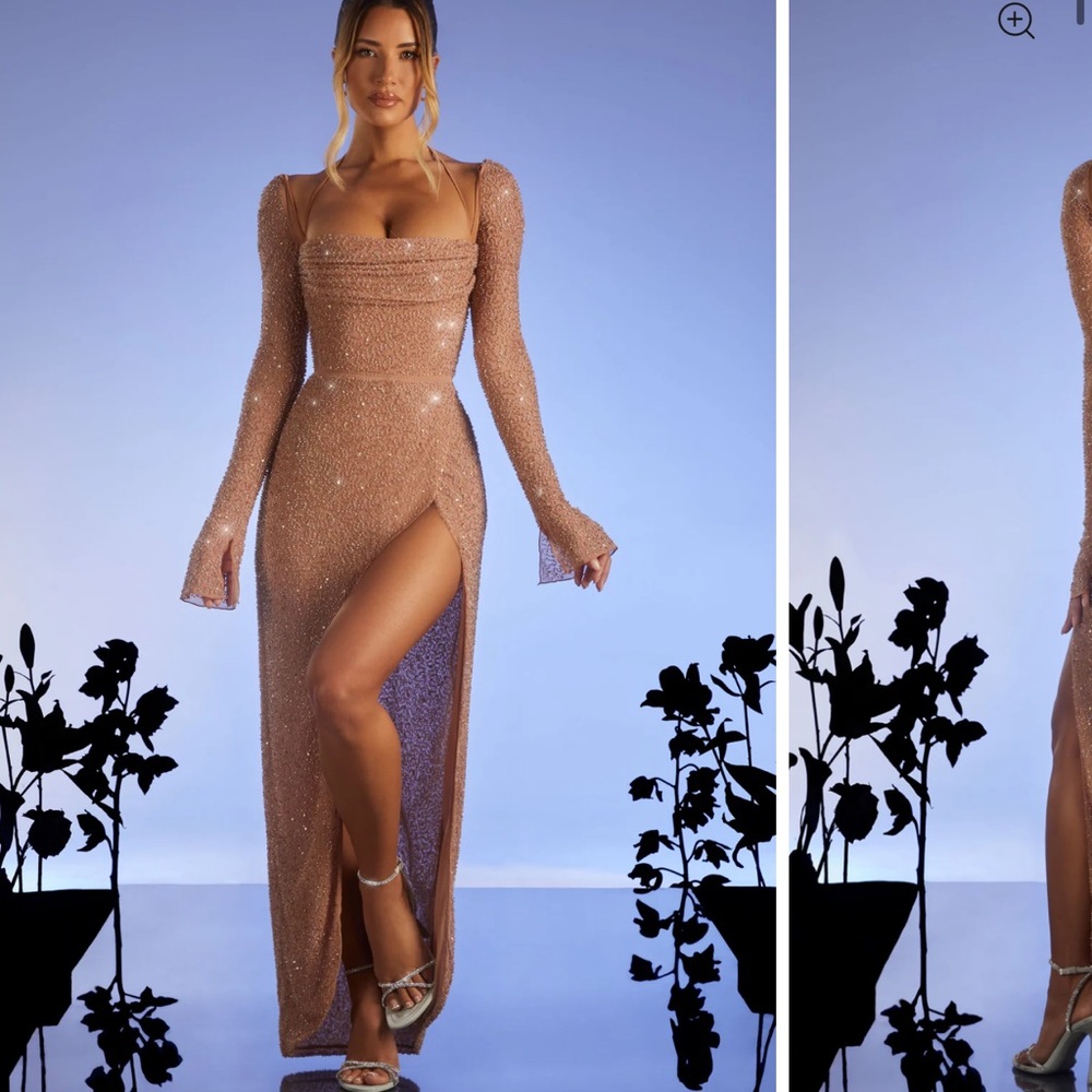Oh Polly Shimmering Long Sleeve Dress in Brown